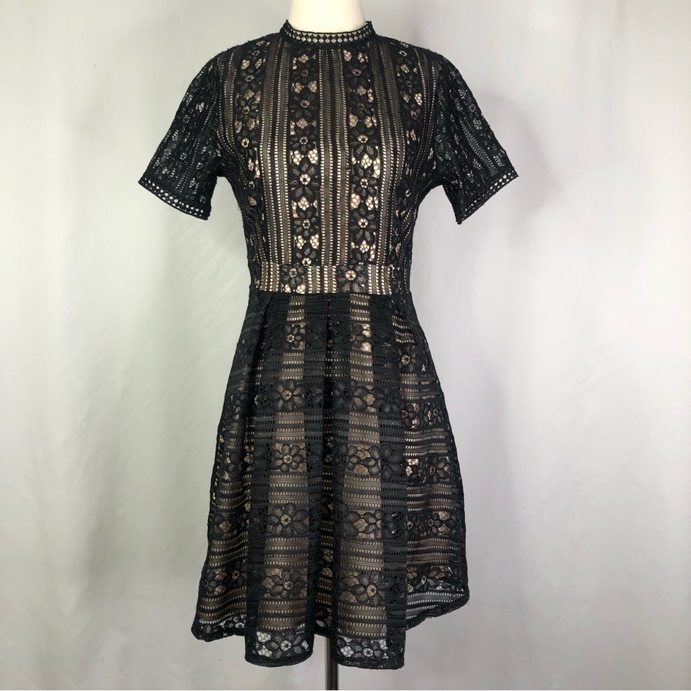 Forever 21 floral lace fit and flare dress black cream retro S